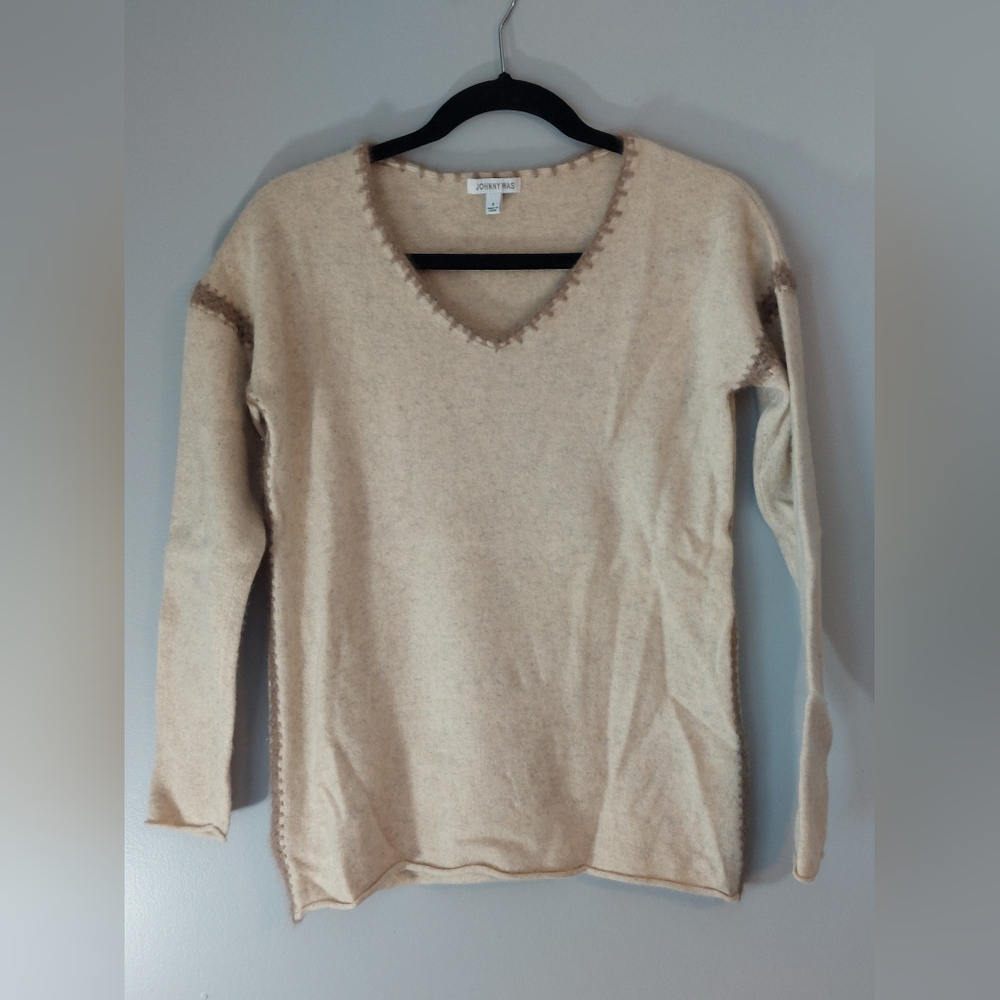 Johnny Was cashmere whipstitch oatmeal sweater